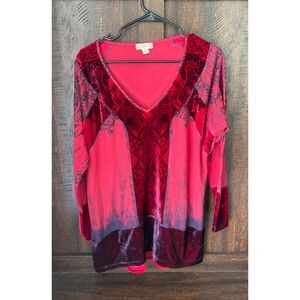 Live and Let Live Red Velvet Paisley Tunic Top XL Boho Whimsigoth Long Sleeve